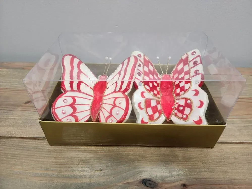 MacKenzie Childs Pink & Red Rosy Check Butterfly Wall Hanging Decoration Set